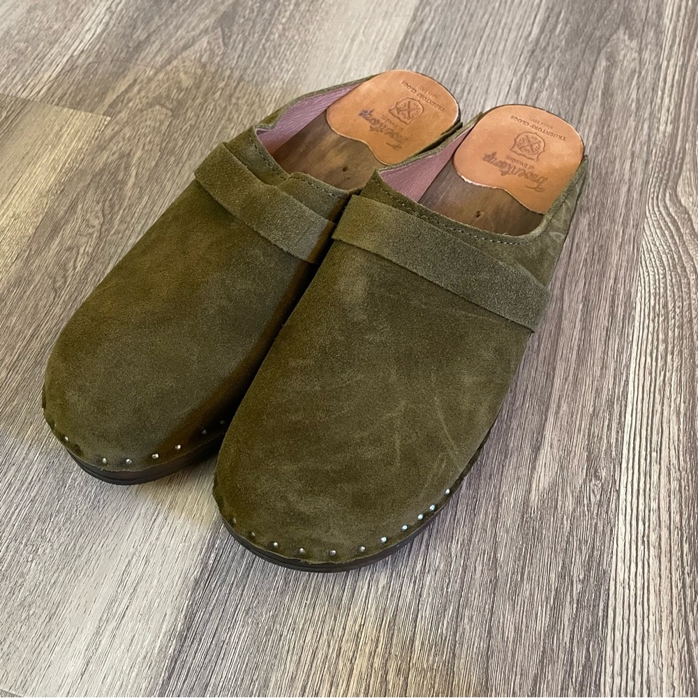 Troentorp Da Vinci clogs in dark green suede sz 36/US 6